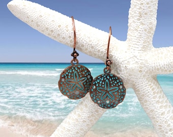 Copper Sand Dollar Patina Dangle Earrings, Antique Copper with Blue Green Patina Beach Themed Ocean Earrings, Vacation Jewelry, Gift for Her