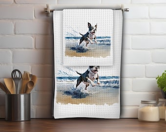 Boston Terrier Running on a Beach Kitchen Towel and Dish Cloth Set, Pet Lover Decor, Gift for Dog Mom Birthday, Christmas, Special Occasion