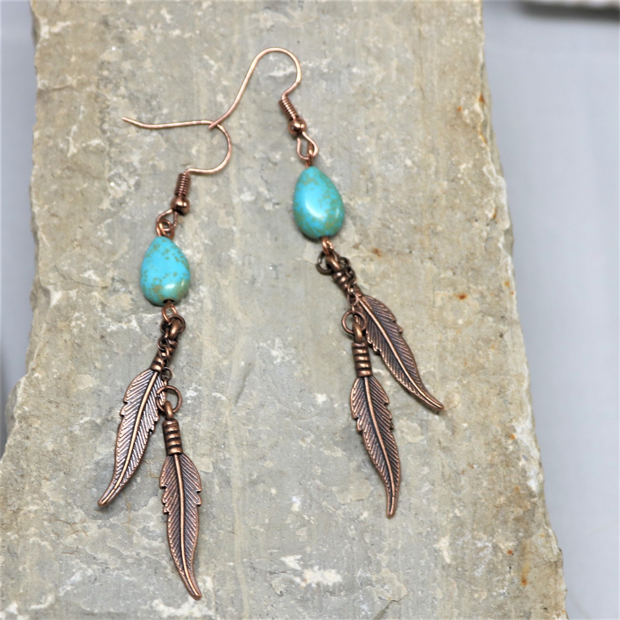Turquoise Copper Feather Earrings. Southwest Copper, Turquoise Teardrop