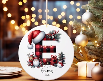 Buffalo Plaid Monogram Ceramic Ornament, Personalized Alphabet and Name Tree Decor Ornament, Holiday Family Gift, Christmas Gift Exchange