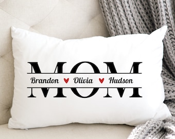 Lumbar Pillow Cover Mom with Childrens Names, Split Word with Red or Black Hearts and Kids Names, Mother's Day, Birthday, Christmas Gift