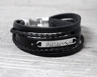 Layered Leather Silver Amor Bracelet with Hook Clasp Closure, Love Themed Couples Multiple Strand Jewelry, Gift for him, Gift for Her