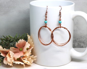 Multiple Layered Hoop Wire Wrapped Sterling Silver Statement Earrings, Boho Style Long Copper Gemstone Jewelry, Unique Handmade Gift for Her