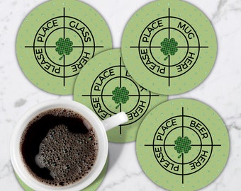 St Patricks Day Target Coaster with Placement instructions, Neoprene Round Coaster Set of 4,  Green Plaid Rubber Drink Coaster, Party Gift
