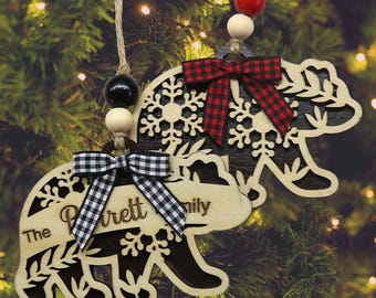Bear Personalized Ornaments, Custom Year, Name, Initial Wooden Christmas Tree Decoration, Forest Animal Filigree Laser Cut Holiday Decor