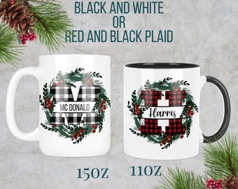 Personalized Buffalo Plaid Monogram Christmas Mug, Pine Wreath Coffee Cup
