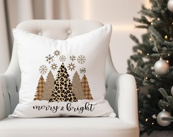 Merry and Bright Gold Check Plaid and Leopard Print Trees Pillow Cover, Decorative Holiday Throw Pillow, Wedding, Housewarming, Birthday,