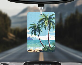 Tropical Beach Scented Air Freshener, Double Sided Car Accessories, Home RV Boat Office Freshie, New Car Gender Neutral Palm Trees Gift Idea