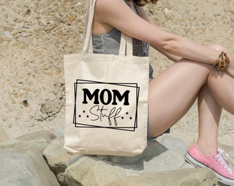 Mom Stuff 100% All Cotton Personalized Shopping Tote Bag, Strong and Durable Mothers Day Gift Washable Carry All