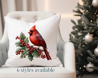 Red Cardinal Pillow Cover with Holly Berry and Birdhouse, Elegant Decorative Mistletoe Poinsetta Throw Pillow, Holiday Seasonal Home Decor