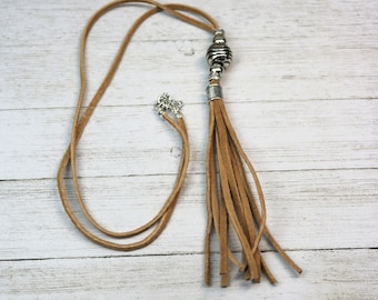 Long Leather Beaded Tassel Pendant Necklace, Natural Bohemian Tassel, Black and Silver Boho Fashion Accessory, Genuine Leather Gift for Her