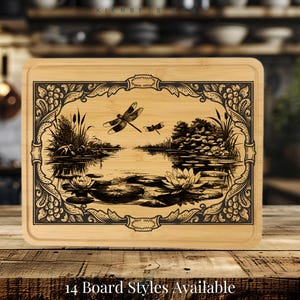 Dancing Dragonfly in Pond, Personalized Charcuterie Board, Nature Inspired Custom Cutting Board, Engraved Wood Serving Tray Kitchen Gift