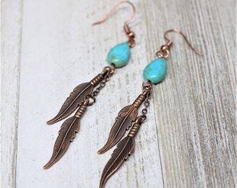 Turquoise Copper Feather Earrings. Southwest Copper, Turquoise Teardrop, Rustic Copper Feathers, Boho Style, Dangle Earrings, Gift for Her