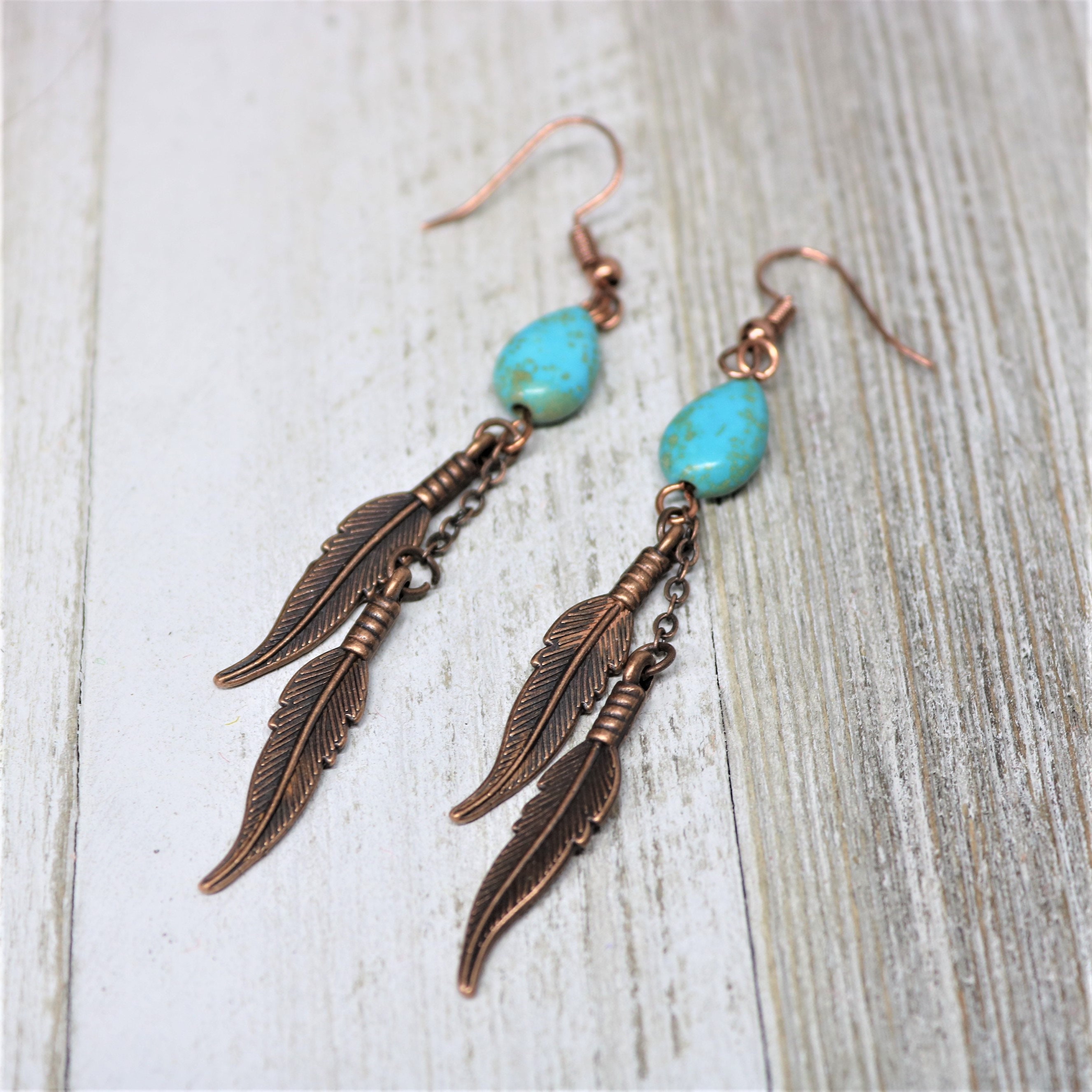 Turquoise Copper Feather Earrings. Southwest Copper, Turquoise Teardrop, Rustic Copper Feathers