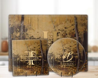 Autumn Gold Forest Marble Personalized Tempered Glass Cutting Board,  Chopping Tray, Serving Placemat, Charcuterie Board, All Occasion Gift
