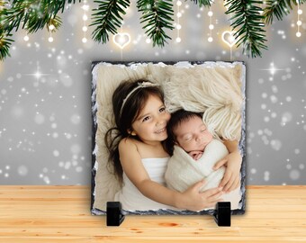 Slate Stone Custom Square Photo Frame Gift, Personalized Memory Keepsake in Natural Rock, Special Occasion, Anniversary, Wedding, Christmas