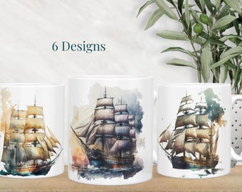 Antique Sailing Ships Mug, Old World Ocean Vessels Ceramic Drinkware
