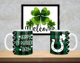 Happy St Patrick's Day Green and Black Plaid Ceramic Mug with Horseshoes and Shamrocks, Lucky Irish Cup, Spring Drinkware