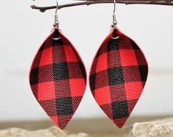 Red Buffalo Plaid Faux Leather Leaf Earrings, Holiday Red and Black Fashion Accessory, Cozy Lightweight Winter Wear