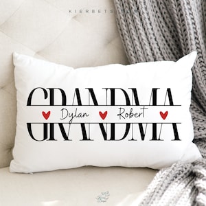 Funda de almohada lumbar para abuela con nombres de niños, palabra dividida con corazones rojos o negros y nombres de niños, regalo para el Día de la Madre, cumpleaños y Navidad.