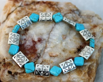 Turquoise and Silver Bracelet, Southwest Style Bracelet, Boho Chic, Tribal  Etched Beads, Gender Neutral Jewelry, Gift for Her, Gift for Him