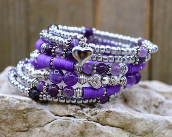 Amethyst Heart Stack Birthstone Bracelet, Purple and Silver Memory Wire Seven Layered Romantic Accessory, Fun Boho Bead Jewelry Gift for Her