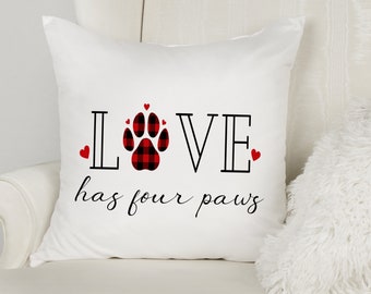 Love Has Four Paws Pillow, Buffalo Plaid Pet Everyday Home Deco, Paw Print Throw Pillow Cover