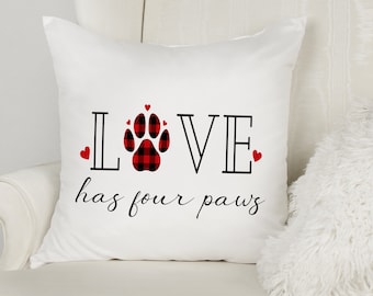 Love Has Four Paws Pillow, Buffalo Plaid Pet Everyday Home Deco, Paw Print Throw Pillow Cover