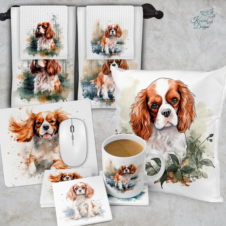 May include: A set of home decor items featuring a watercolor illustration of a Cavalier King Charles Spaniel dog. The set includes a throw pillow, a mug, a mouse pad, coasters, and tea towels. The dog is depicted in a playful pose with a white background and green foliage.