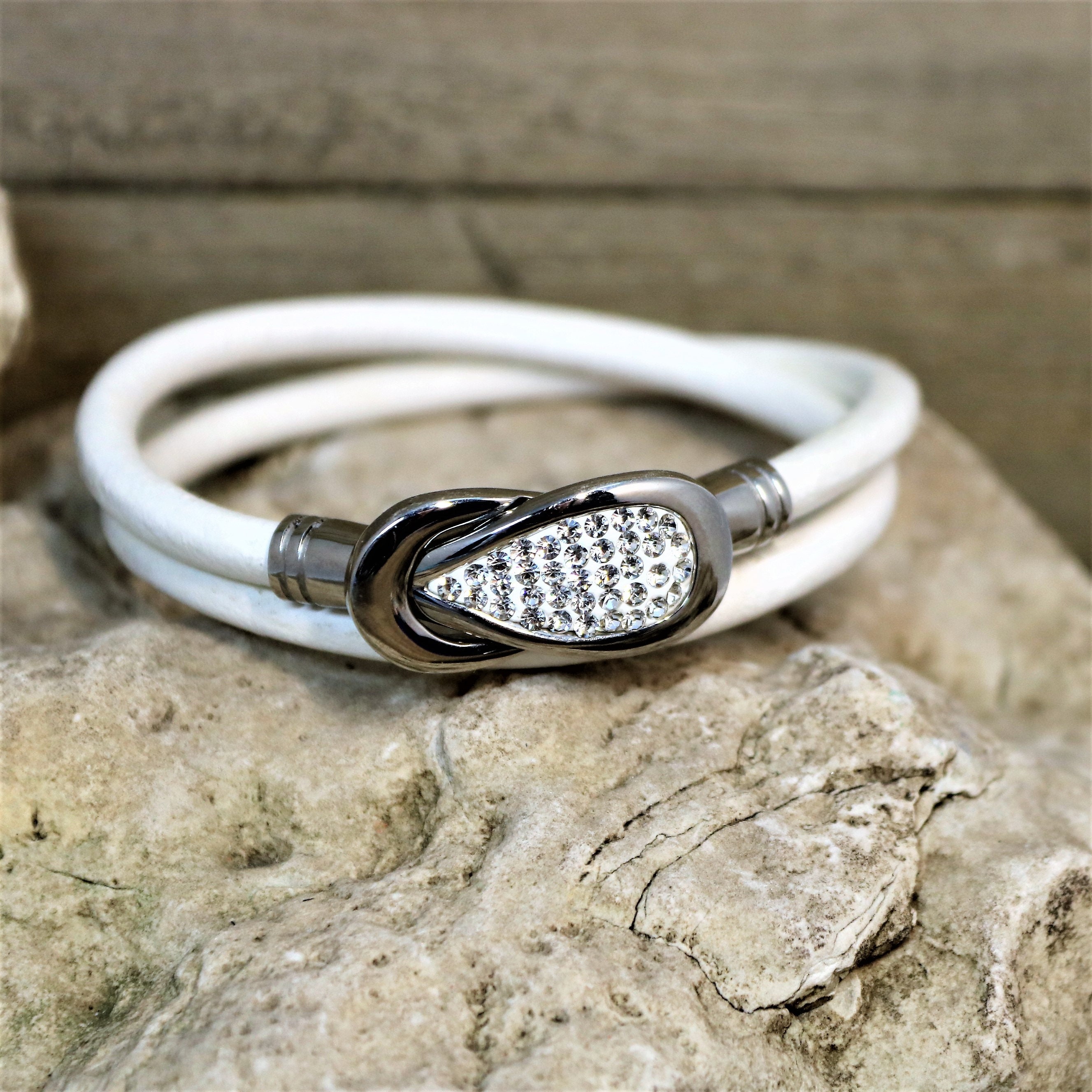 White Leather and Silver Sparkle Hook Closure Bracelet, Unique Ladies  Leather Layer Stack Rhinestone Magnetic Clasp Jewelry, Gift for Her