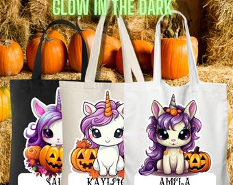 Halloween Unicorn Glow in the Dark Trick or Treat Tote, Personalized Carry All Eco Friendly Reusable Canvas Halloween Candy Bag