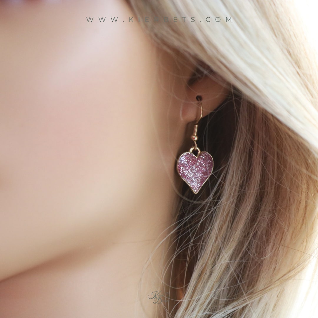 Gold Enamel Glitter Heart Earrings, Red Pink or Black Glitter Heart