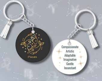 Gold Zodiac Star Sign Keychain on Black with Personality Atributes, Double Sided Constellation Keyring, Friend, girlfriend, Mom, Dad Gift