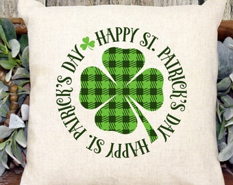 Green Plaid Lucky Shamrock St Patrick's Day Pillow Cover, Irish Holiday Spring Clover  Home Decor with Lucky Sayings in Old Script