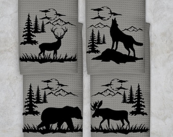 Personalized Wilderness Animal Camping Kitchen Towels, Custom Bear Wolf Moose Deer Summer Cloths, Outdoor Living Easy Care, Tenting RV, Gift