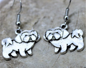 Dog Lover Dangle Earrings, Shih Tzu Dog Earrings, Antique Silver Pet Breed Jewelry, Dog Lover Present, Gift for her