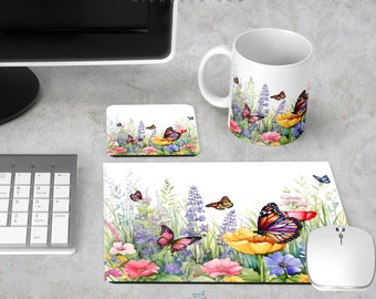 Wildflowers and Butterflies Desk Set, Mousepad Coaster Work Station Accessory, Office Computer Table Decor, Stain Resistant Neoprene Rubber