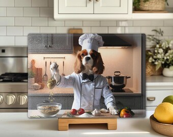 Cavalier King Charles Spaniel Chef Personalized Tempered Glass Cutting Board, CKCS Blenheim Mixing, Charcuterie Board, Gift for Her or Him
