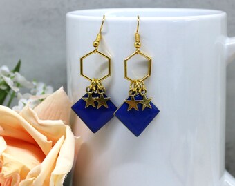 Blue and Gold Enamel Retro Style Geometric Dangle Earrings with Stars, Cobalt Blue with Gold Hexagon Everyday jewelry Gift for Her