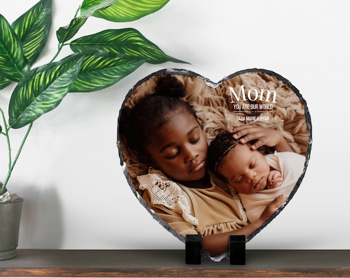 Featured listing image: Personalized Slate Photo Frame, Heart Shaped Stone, Mom Gift