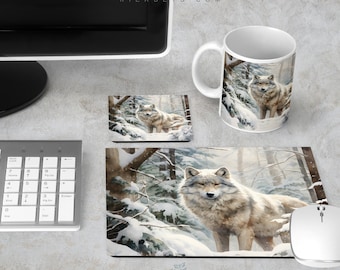 Winter Wolf Desk Set, Snowy Forest Mousepad and Coaster Work Station Accessory, Office Computer Table Decor, Stain Resistant Neoprene Rubber