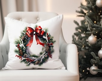 Holiday Wreath Pillow Cover, Decorative Festive Christmas Pine Evergreen Door Deco Berry Red Ribbon, Bright Color Winter Seasonal Home Decor