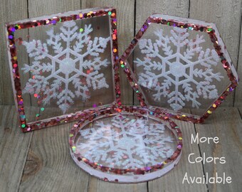 Resin Holiday Coaster, White Snowflake Rose Gold Glitter Trinket Tray, Rose Gold Sparkly Winter Home Decor, Christmas Gift for Her