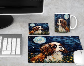 Starry Night Cavalier King Charles Spaniel Home Work Desk Set Inspired By Vincent van Gogh, Mousepad Coaster Mug Office Computer Table Decor