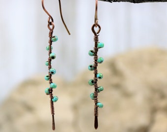 Copper Wire Wrapped Turquoise Beaded Earrings, Handmade  Hammered Accessories, Vine Pattern Bar Dangle Jewelry, Gift for Her