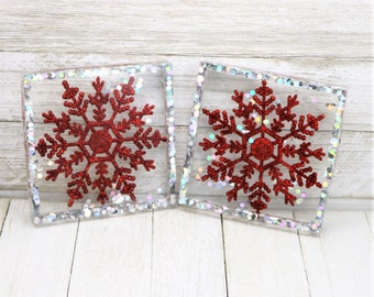 Resin Holiday Coaster, Red Snowflake Silver Glitter Trinket Tray, Silver Sparkly Winter Home Decoration, Christmas Gift for the Home