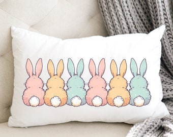 Bunny Tails Lumbar Pillow Cover, Easter Spring Pastel Rabbits  Accent Pillow, Farmhouse Cottage Style Pink Blue Home Throw Cushion Cover