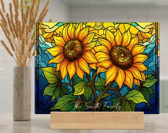 Personalized Tempered Glass Cutting Board, Faux Stained Glass Sunflowers with Blue Background, Chopping Tray, Functional Kitchen Home Decor