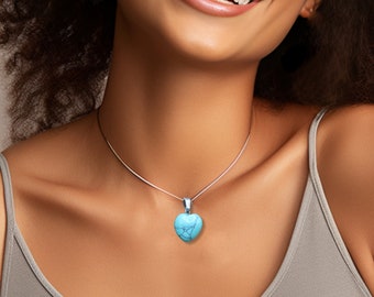 Turquoise Heart Pendant Necklace, Silver Snake Chain Blue Gemstone  Healing Stone, Birthday Gift for Her
