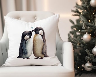 Penguins Kissing Pillow Cover with blue Heart, Decorative Penguin Love Throw Pillow, Winter Holiday Seasonal Home Decor